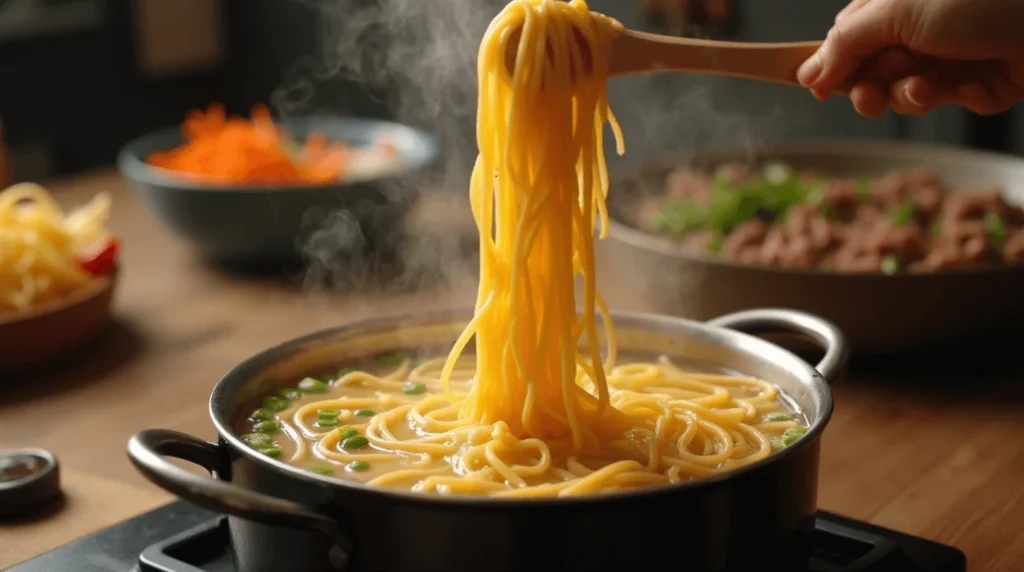 How to Make Mongolian Ground Beef Noodles: A Quick and Easy Dinner Recipe 3 Image of preparing noodles for Mongolian Ground Beef Noodles, showing fresh noodles being added to a pot of boiling water with steam rising.