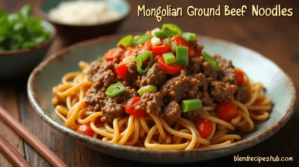 How to Make Mongolian Ground Beef Noodles: A Quick and Easy Dinner Recipe 5 Delicious Mongolian Ground Beef Noodles served in a bowl, topped with ground beef, colorful vegetables, and soy sauce, with a rustic wooden background.