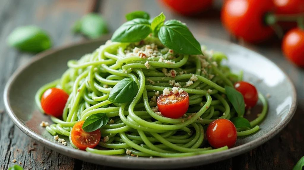 Why Green Spaghetti is the Perfect Recipe for a Healthy and Flavorful Dinner 2 Plate of green spaghetti topped with herbs and olive oil