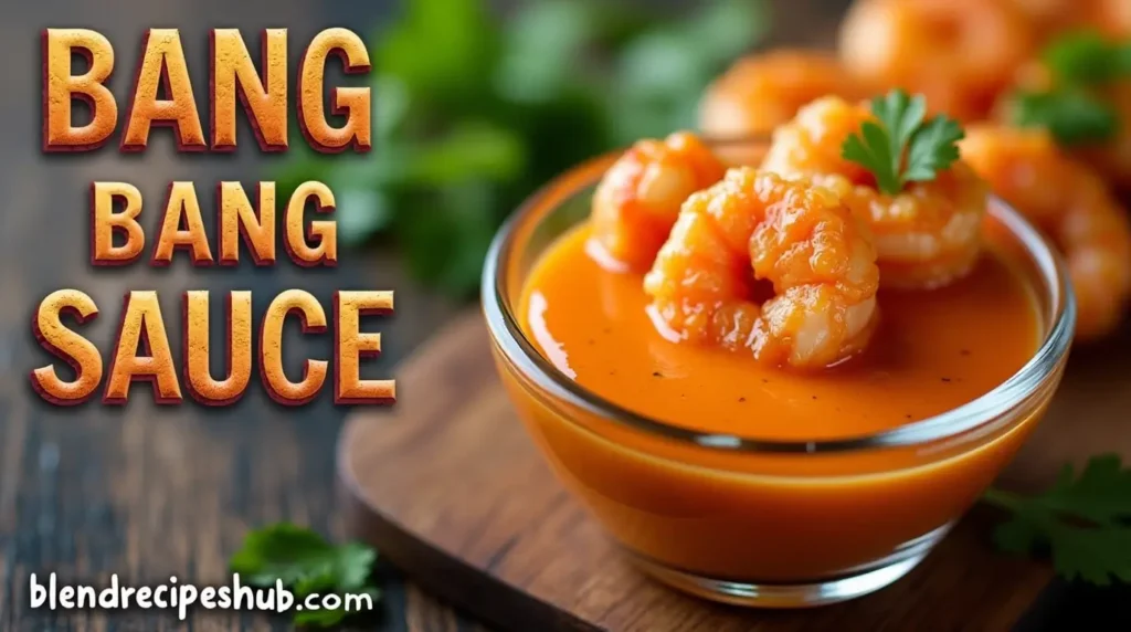 Close-up of creamy Bang Bang Sauce drizzled over crispy shrimp, garnished with fresh herbs, in a rustic setting
