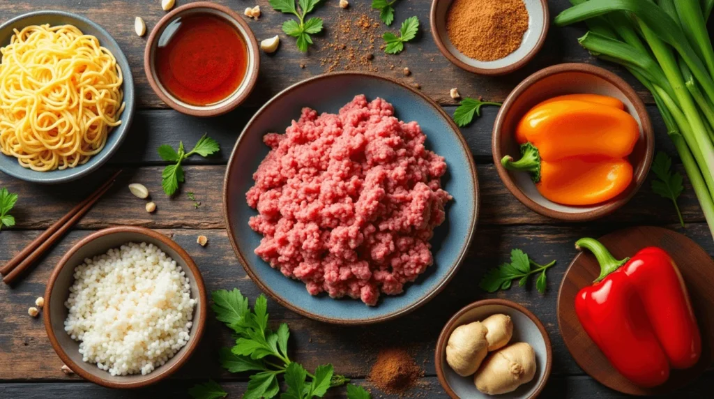 How to Make Mongolian Ground Beef Noodles: A Quick and Easy Dinner Recipe 2 Flat lay of ingredients for Mongolian Ground Beef Noodles, including ground beef, noodles, bell peppers, green onions, garlic, ginger, soy sauce, and sesame oil on a rustic wooden table.