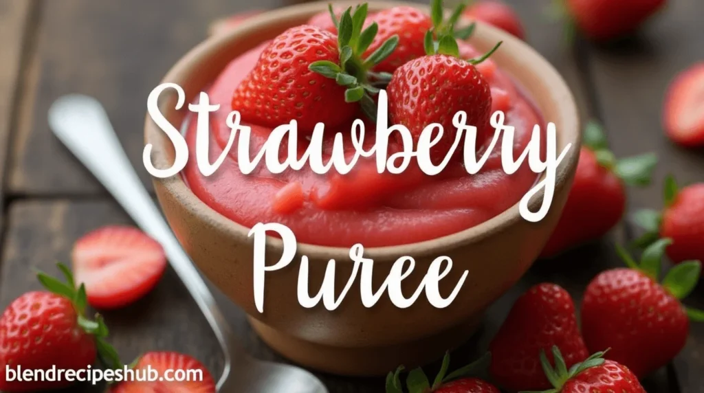 A bowl of vibrant strawberry puree on a rustic wooden table, surrounded by fresh strawberries, with the title 'Strawberry Puree' and website name 'blendrecipeshub.com'