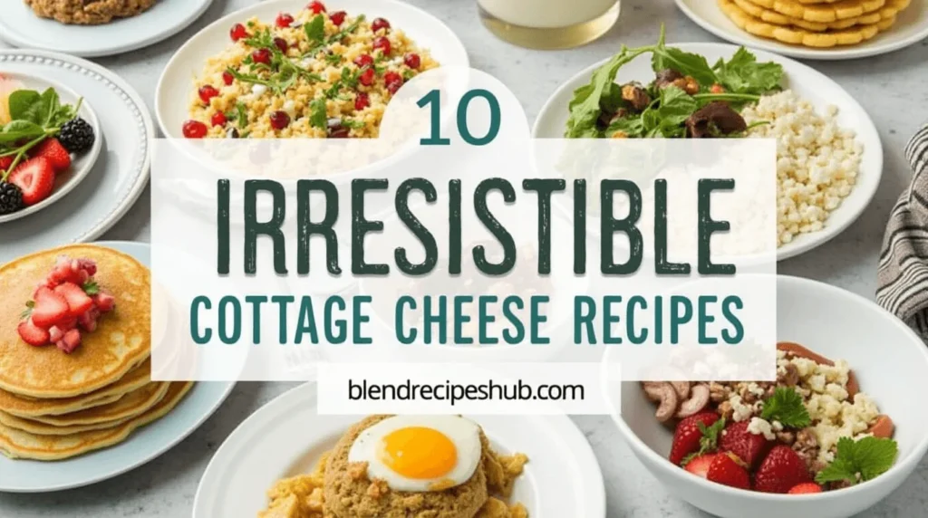 A colorful display of various cottage cheese recipes, including pancakes, salad, smoothie bowl, and dessert parfait, with the title 'Cottage Cheese Recipes' at the top and 'blendrecipeshub.com' at the bottom.