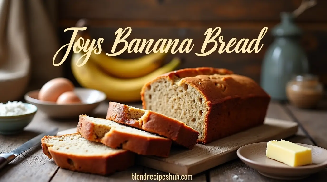 Joys Banana Bread: 10 Reasons Why Is Irresistible and Everyone’s Favourite Treat 1 A loaf of Joys Banana Bread with golden crust and soft slices, surrounded by ripe bananas and baking ingredients, styled in a rustic kitchen setting.
