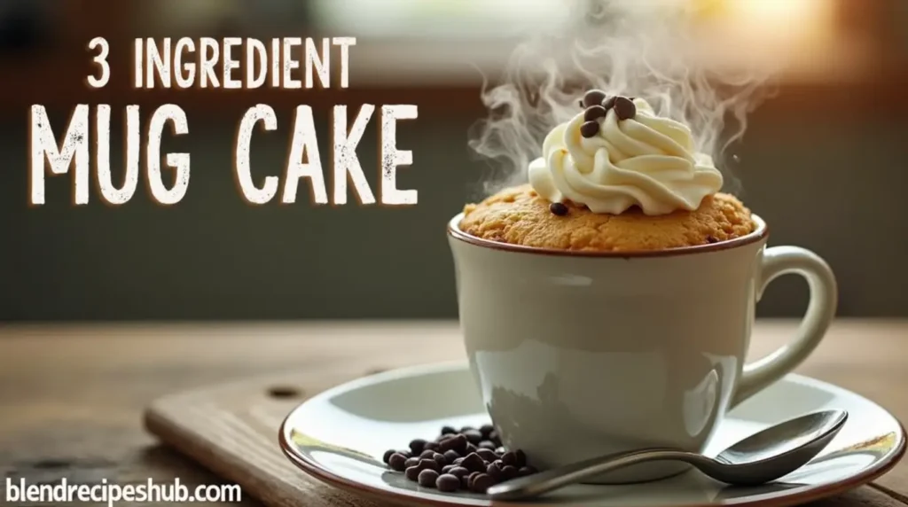 3 Ingredient Mug Cake: Quick & Easy Dessert Recipe in Minutes 4 A delicious 3 ingredient mug cake in a mug, topped with chocolate chips and whipped cream, ready to eat