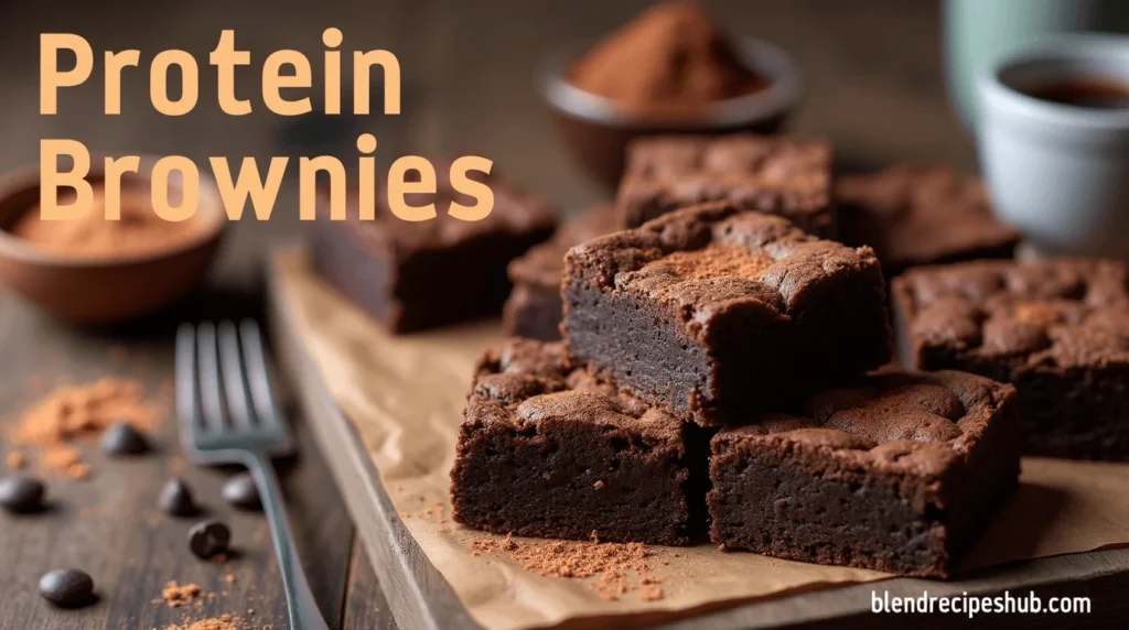 How to Make Delicious Protein Brownies: A Healthy and Easy Recipe 4 A plate of protein brownies with a fudgy texture, topped with dark chocolate chips and protein powder, placed on a rustic wooden table with cocoa powder scattered around. The image features the title "Protein Brownies" on top and the website name "blendrecipeshub.com" at the bottom.