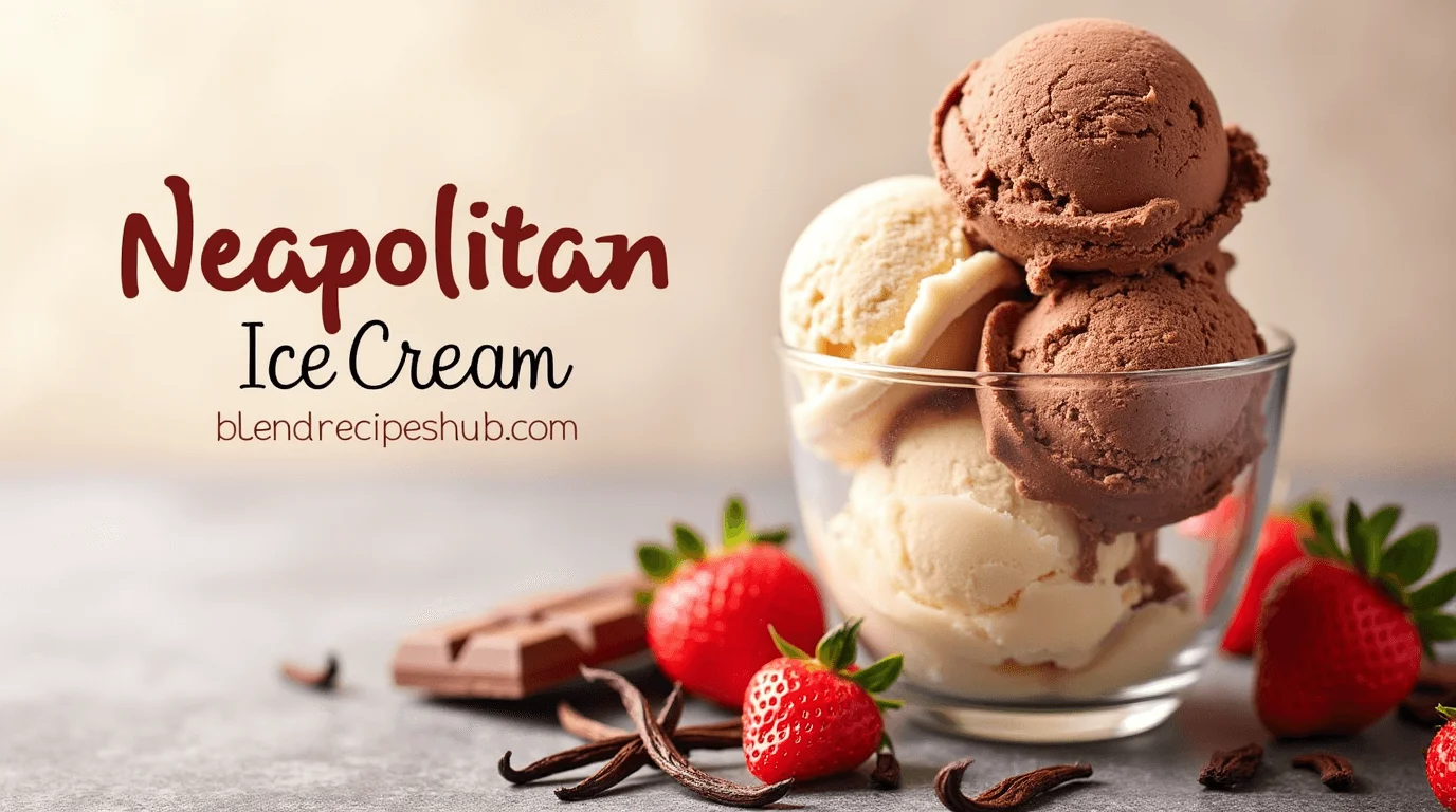 What Is Neapolitan Ice Cream? A Delicious Guide to the Iconic Treat 1 Neapolitan ice cream block with layers of chocolate, vanilla, and strawberry, garnished with strawberries, vanilla pods, and chocolate shavings, displayed on a white plate with text 'Neapolitan Ice Cream' at the top and 'blendrecipeshub.com' at the bottom