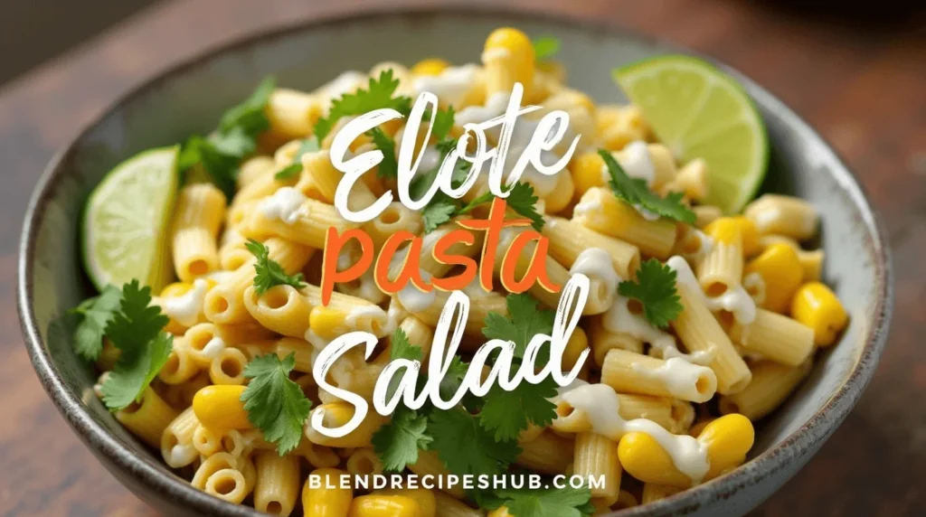Delicious elote pasta salad with grilled corn, creamy dressing, cilantro, and lime, styled on a rustic wooden surface. Text 'Elote Pasta Salad' at the top and 'blendrecipeshub.com' at the bottom