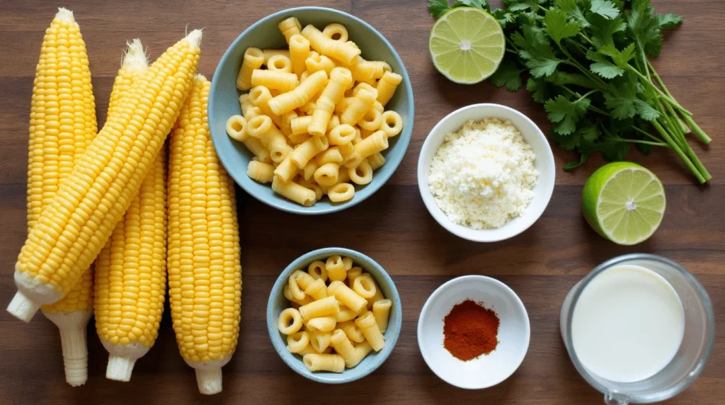 Why Elote Pasta Salad Is the Bold and Quick Recipe You’ll Love 2 Ingredients for Elote Pasta Salad including corn, pasta, cotija cheese, cilantro, lime, chili powder, and creamy dressing arranged on a rustic table