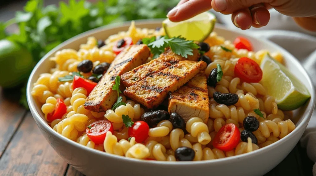 Why Elote Pasta Salad Is the Bold and Quick Recipe You’ll Love 4 Adding protein to Elote Pasta Salad with grilled chicken, black beans, and fresh cilantro to create a complete, hearty meal