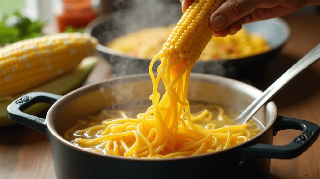 Why Elote Pasta Salad Is the Bold and Quick Recipe You’ll Love 3 Preparing corn and pasta for Elote Pasta Salad with boiling water, stirring pasta, and grilled corn on the cob. Fresh lime and chili powder visible in the background.