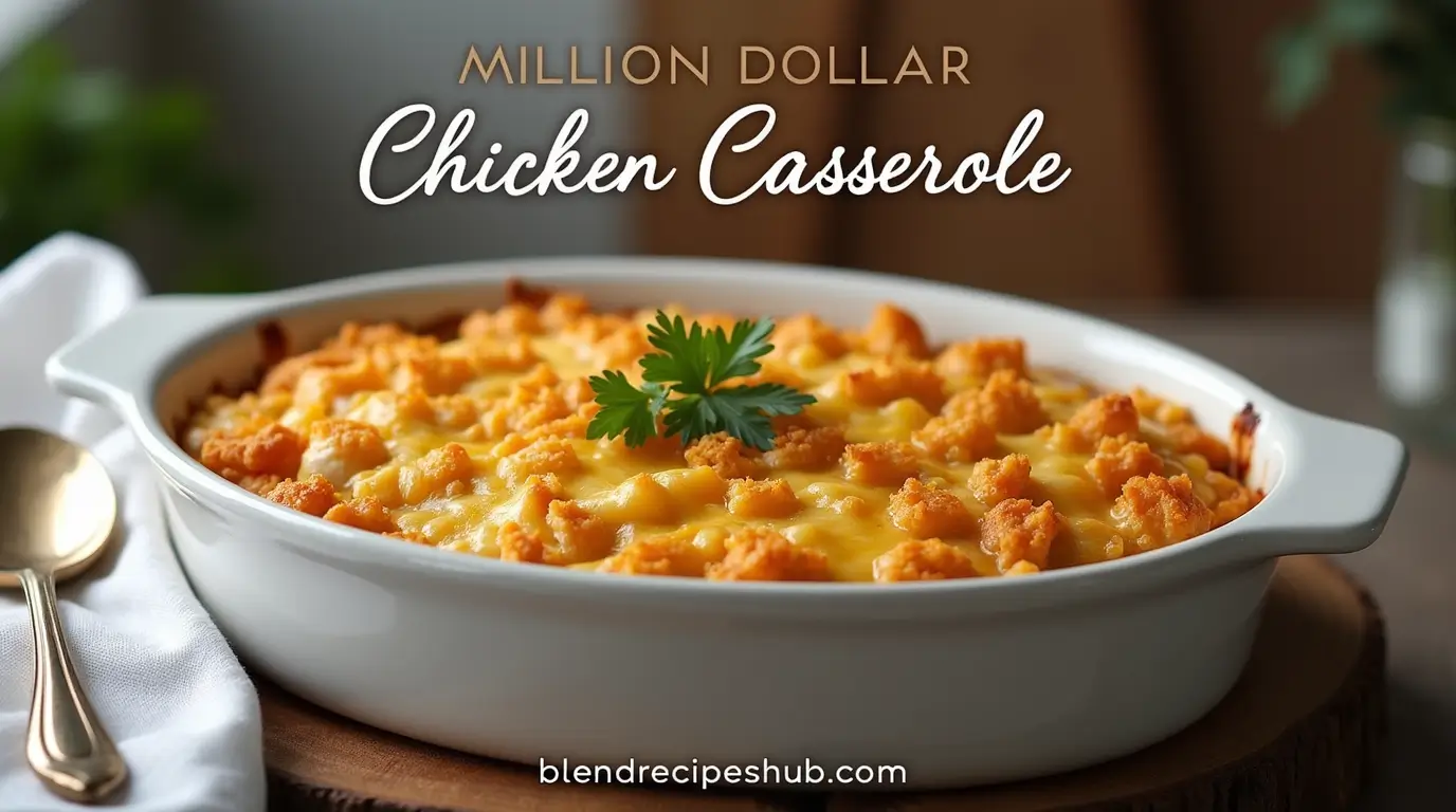 A freshly baked Million Dollar Chicken Casserole in a white dish, topped with golden crackers and garnished with parsley, set on a wooden table