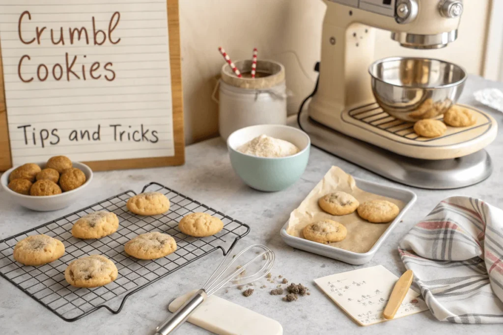 Crumbl Cookie Recipe: How to Make Delicious Cookies in Your Kitchen 4 A cozy kitchen setup with freshly baked Crumbl cookies, baking tools, and handwritten tips, featuring the title "Tips and Tricks for Perfecting Your Crumbl Cookie Recipe" and "blendrecipeshub.com."