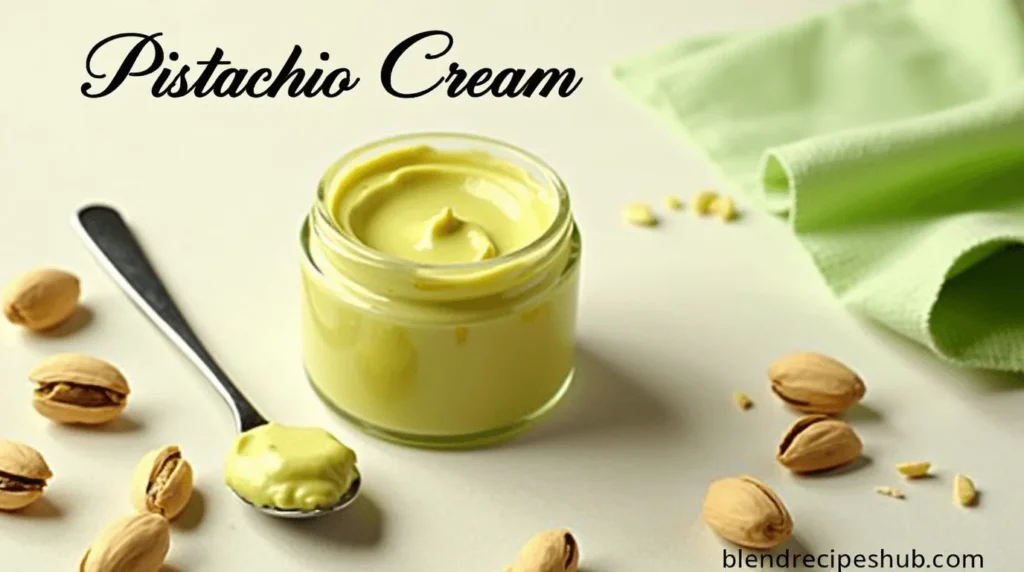 A jar of creamy pistachio spread surrounded by fresh pistachios and a spoonful of the cream, with the text 'Pistachio Cream' on top and 'blendrecipeshub.com' at the bottom.