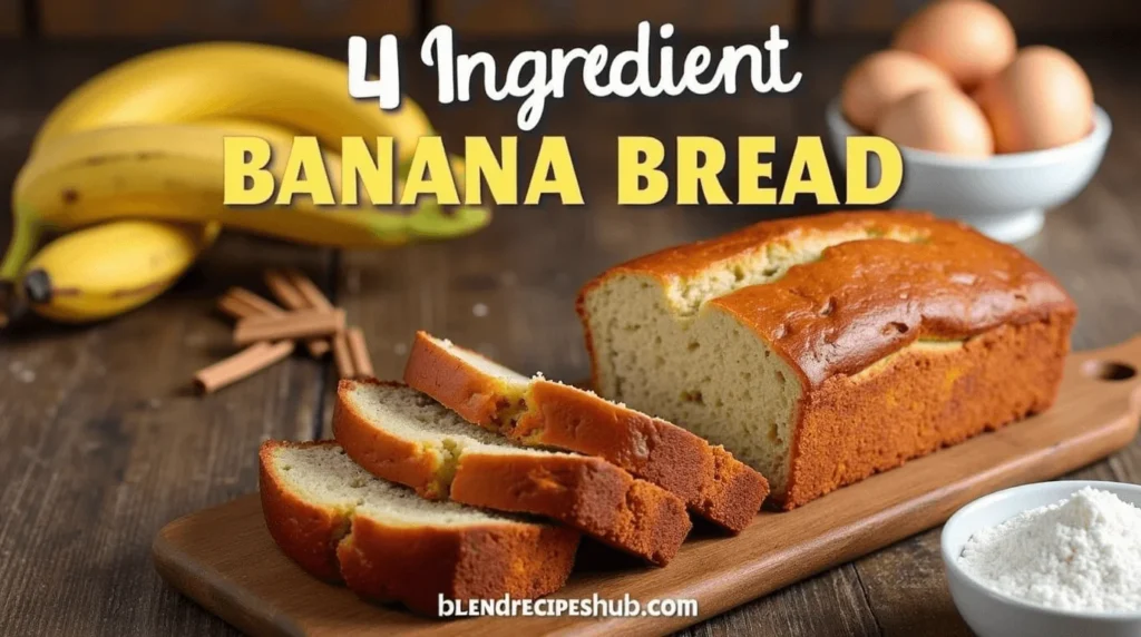 A freshly baked loaf of 4 ingredient banana bread on a wooden board, with slices served, surrounded by overripe bananas, flour, sugar, and eggs, set in a rustic kitchen with warm lighting. The text "4 Ingredient Banana Bread" is displayed at the top, and "blendrecipeshub.com" is shown at the bottom.