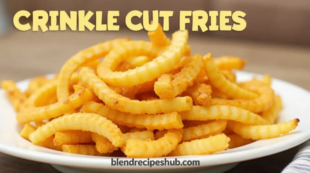 A plate of golden, crispy crinkle cut fries, arranged neatly with their ridged texture clearly visible. "Crinkle Cut Fries" at the top and "blendrecipeshub.com" at the bottom