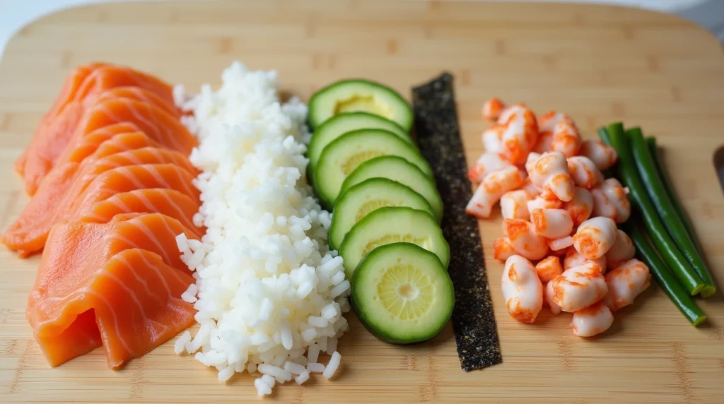 Alaska Roll Recipe: How to Make the Perfect Sushi Roll 2 Essential ingredients for making an Alaska roll: fresh salmon, avocado, cucumber, imitation crab, sushi rice, and nori, arranged on a wooden cutting board