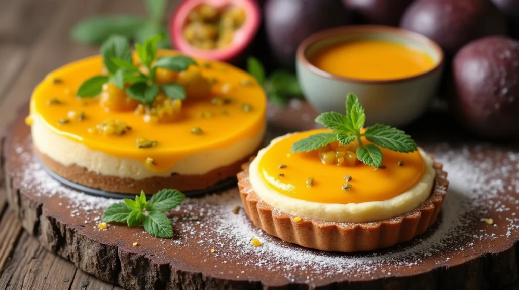How to Make the Perfect Passion Fruit Puree with This Easy Recipe 3 A passion fruit cheesecake with a glossy puree topping and a tart filled with passion fruit curd, surrounded by fresh passion fruits on a wooden table.