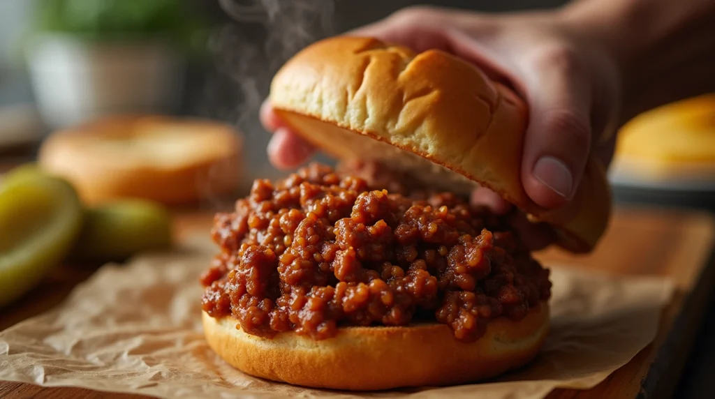 Easy sloppy Joe Recipe 3 ingredients: The Ultimate Quick and Easy Recipe 5 Hands assembling a sloppy joe sandwich with saucy ground beef on a toasted bun, with steam rising in a cozy kitchen setting.