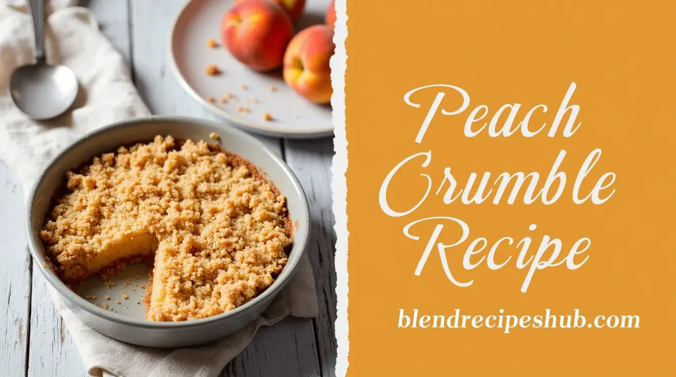 Freshly baked peach crumble with a golden, crispy topping, garnished with peach slices and cinnamon, styled in a rustic wooden setting.