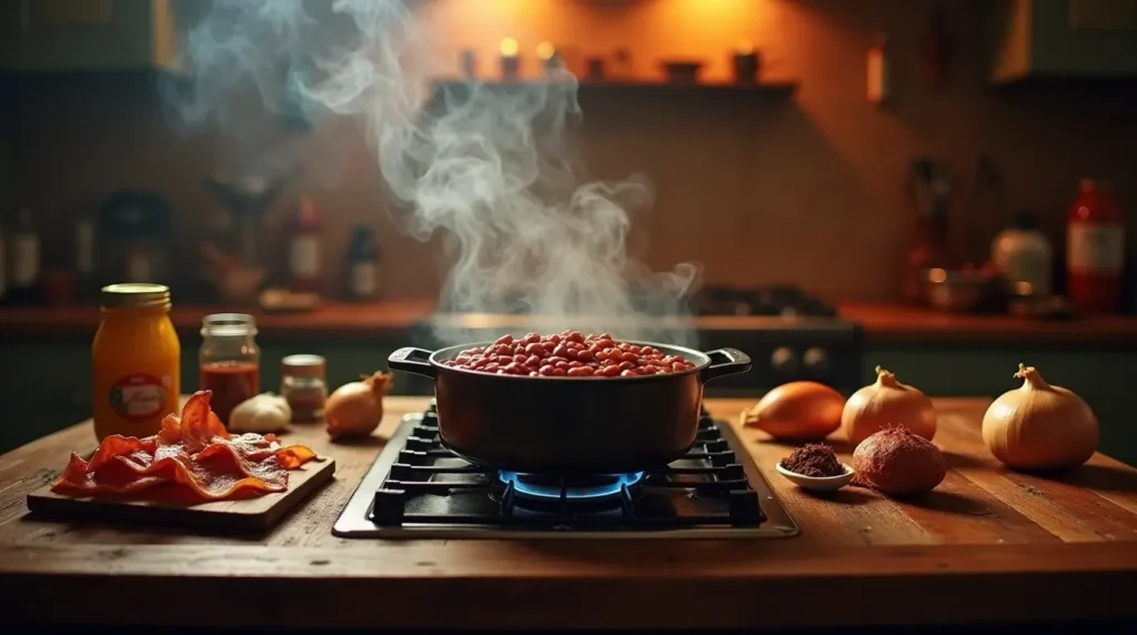 How to Make Irresistibly Smoked Baked Beans: The Perfect Recipe for Every Meal 3 A pot of smoked baked beans cooking on a stove with ingredients like bacon and onions around it.