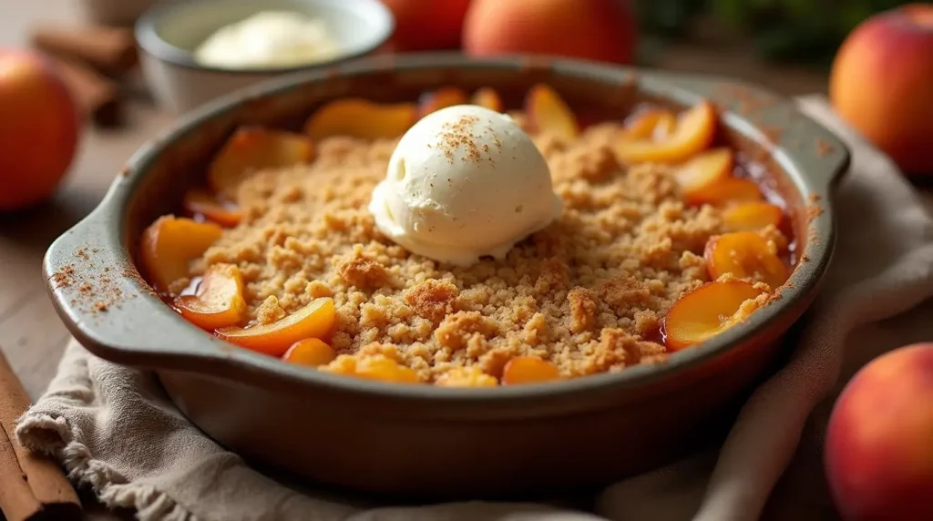 Freshly baked peach crumble in a ceramic dish with a golden crumbly topping, surrounded by fresh peaches and a small bowl of vanilla ice cream.