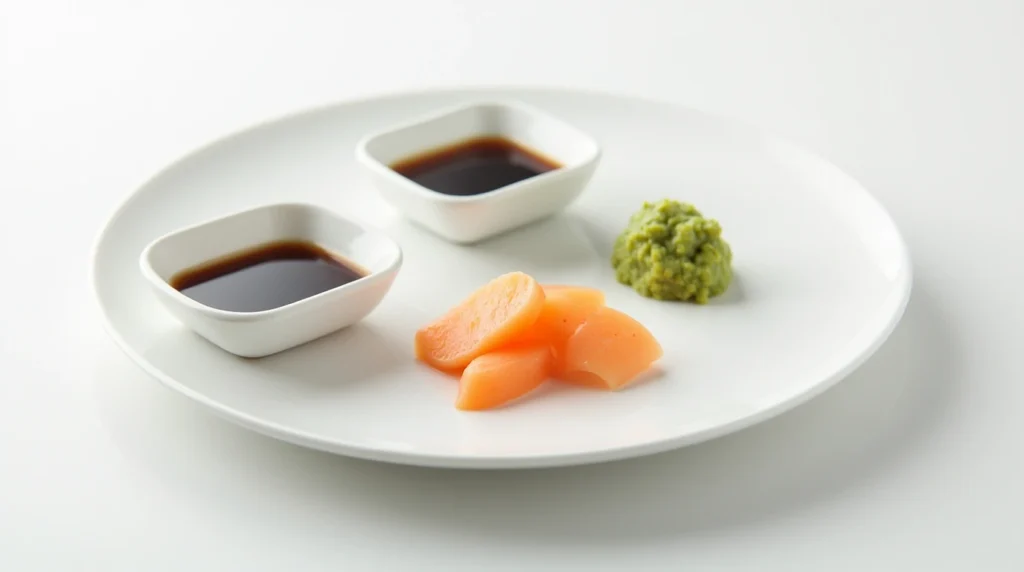Alaska Roll Recipe: How to Make the Perfect Sushi Roll 3 Traditional sushi condiments: soy sauce, wasabi, and pickled ginger on a white plate, ready to accompany sushi rolls.