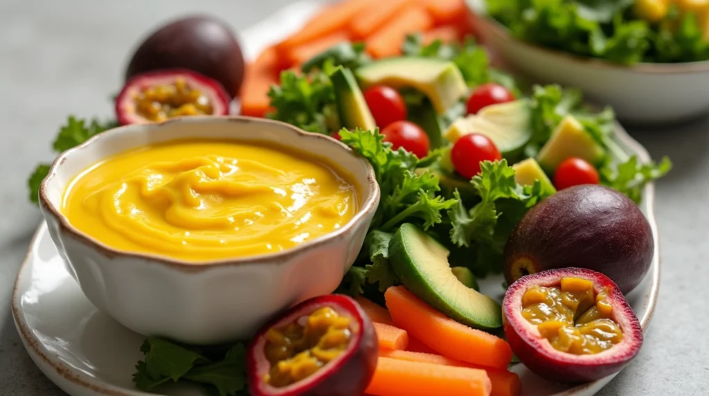 How to Make the Perfect Passion Fruit Puree with This Easy Recipe 4 A golden passion fruit puree dressing drizzled over a salad and a creamy dip served with fresh vegetables, surrounded by passion fruits and tropical ingredients.