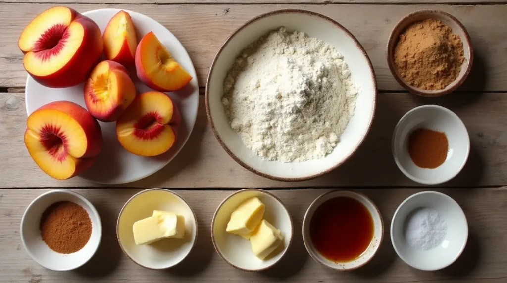 Ingredients for a peach crumble recipe, including fresh peaches, flour, brown sugar, butter, cinnamon, and vanilla, displayed on a wooden surface.