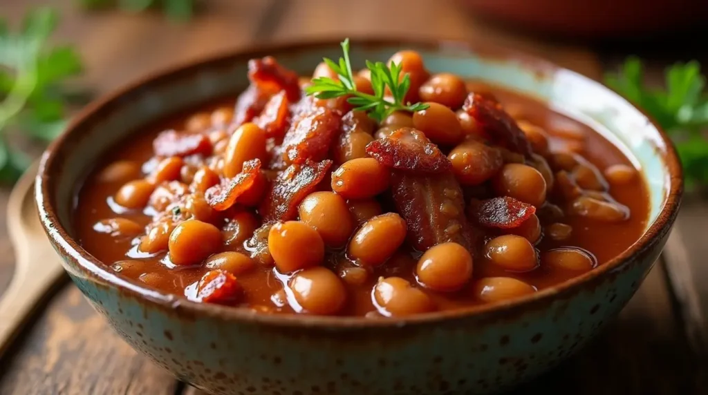 How to Make Irresistibly Smoked Baked Beans: The Perfect Recipe for Every Meal 5 A bowl of delicious smoked baked beans with a glossy finish, surrounded by fresh herbs and rustic cooking utensils.