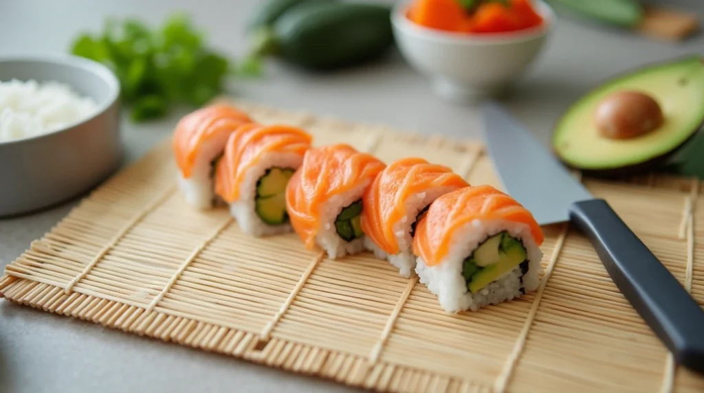Alaska Roll Recipe: How to Make the Perfect Sushi Roll 4 Home sushi-making setup with a bamboo mat, fresh ingredients, and a perfectly rolled Alaska roll, ready to be sliced.
