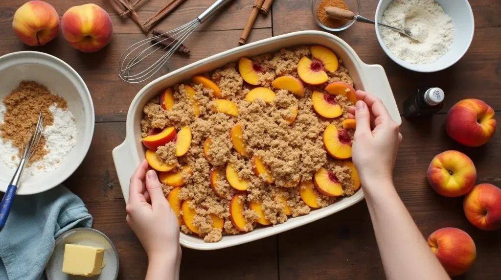 Peach crumble preparation in a rustic kitchen with fresh peaches, ingredients, and a hand sprinkling crumble topping.