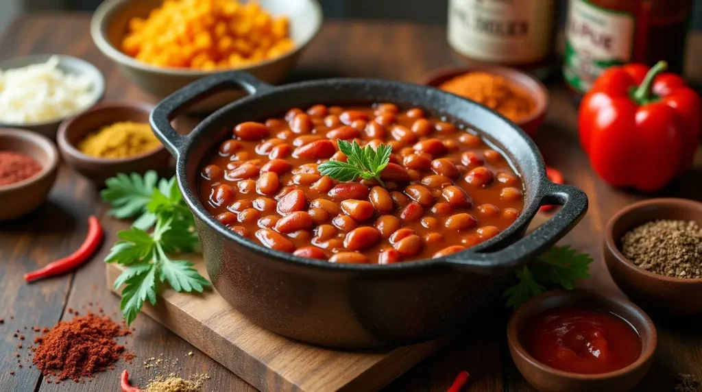 How to Make Irresistibly Smoked Baked Beans: The Perfect Recipe for Every Meal 4 A colorful assortment of flavor enhancers for smoked baked beans, including spices, herbs, and sauces, set on a rustic wooden table.