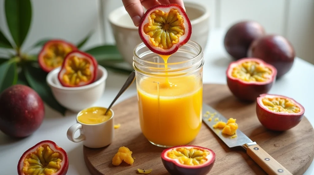 How to Make the Perfect Passion Fruit Puree with This Easy Recipe 2 Step-by-step preparation of passion fruit puree, showing fresh passion fruits, a blender, and a bowl of puree on a wooden cutting board.