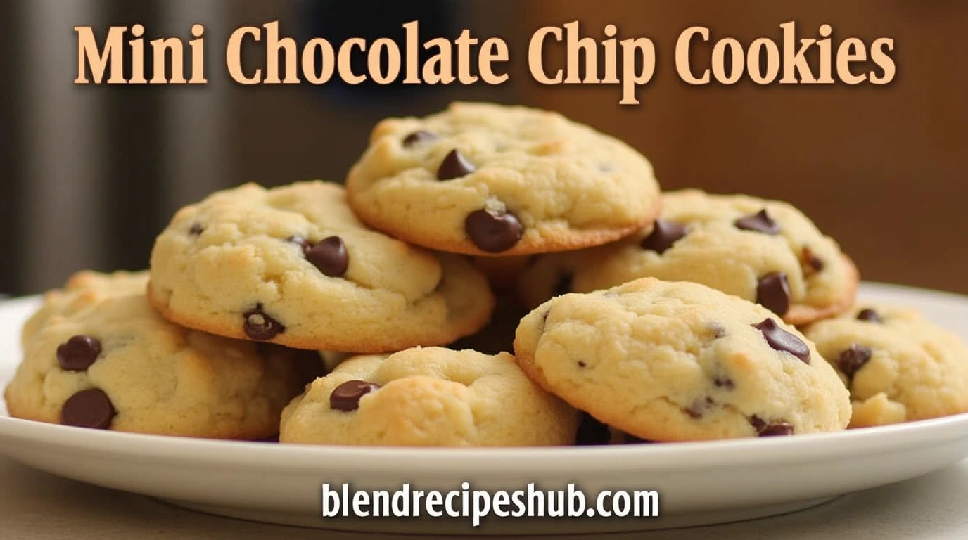 A plate of freshly baked mini chocolate chip cookies with crispy edges and melted chocolate chips, served in a cozy kitchen setting.