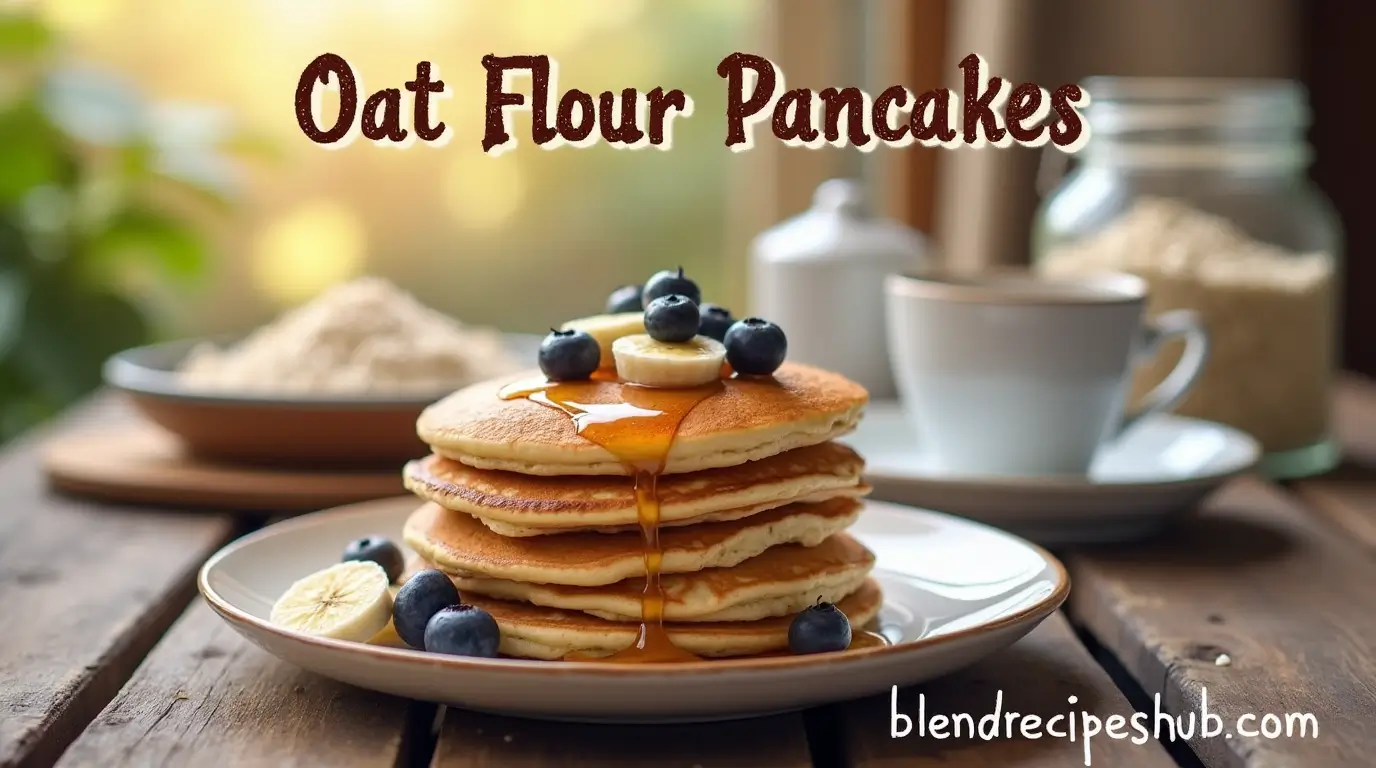 A stack of oat flour pancakes topped with blueberries, banana slices, and maple syrup on a rustic wooden table.