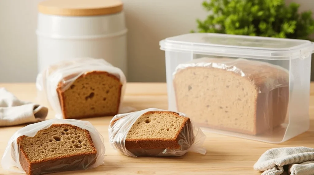Quick Banana Bread Recipe 2 Bananas for Easy Breakfast 4 Banana bread wrapped for storage and freezing, placed in a freezer bag, with another loaf stored in an airtight container