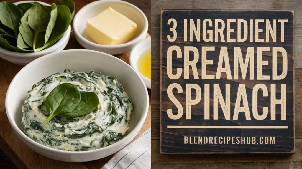 3 Ingredient Creamed Spinach recipe with ingredients on one side and text on the other side. Features bold rustic lettering for the title and website name below