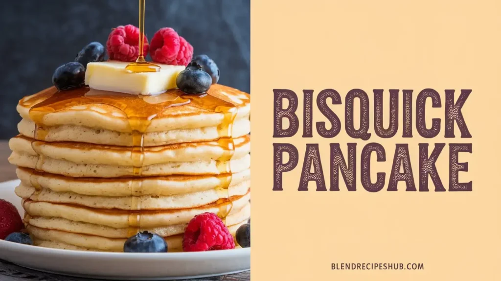 A vertical split image featuring a stack of Bisquick pancakes on one side and the text "Bisquick Pancake" with the website name "blendrecipeshub.com" on the other.