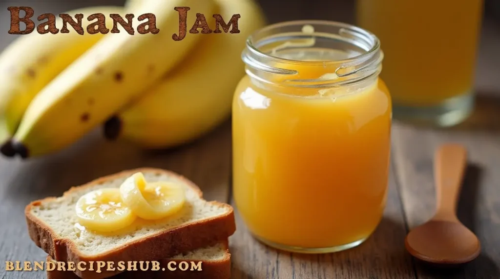 Homemade banana jam in a glass jar with ripe bananas and a wooden spoon on a rustic kitchen table