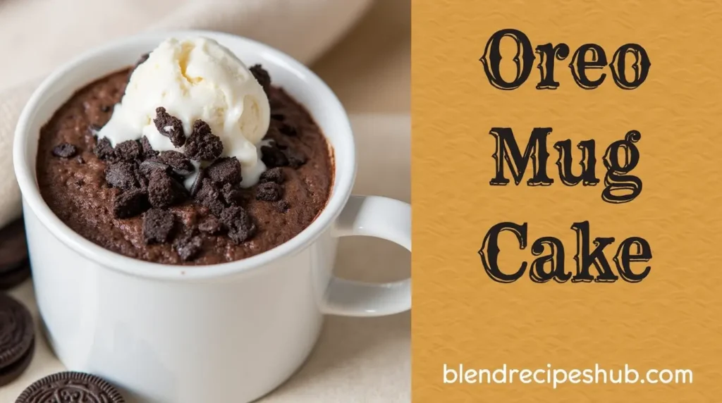 Oreo Mug Cake Recipe: How to Make an Easy Dessert in 5 Minutes 3 Freshly made Oreo Mug Cake in a white mug, topped with crushed Oreos and ice cream, with a text section displaying the title and website name.