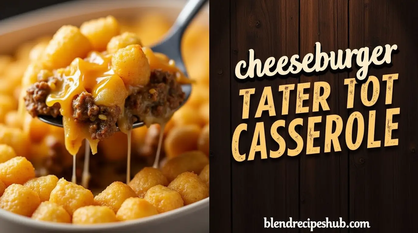Cheeseburger Tater Tot Casserole with crispy golden tater tots, gooey melted cheese, and savory ground beef, served in a rustic baking dish