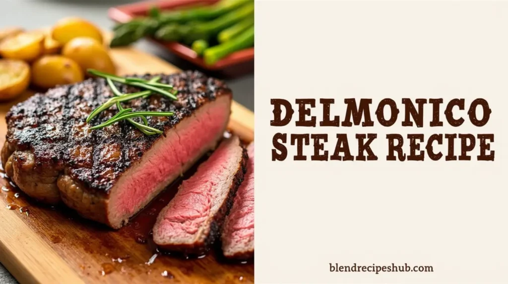 Delmonico steak with a golden crust, sliced medium-rare, served with side dishes.