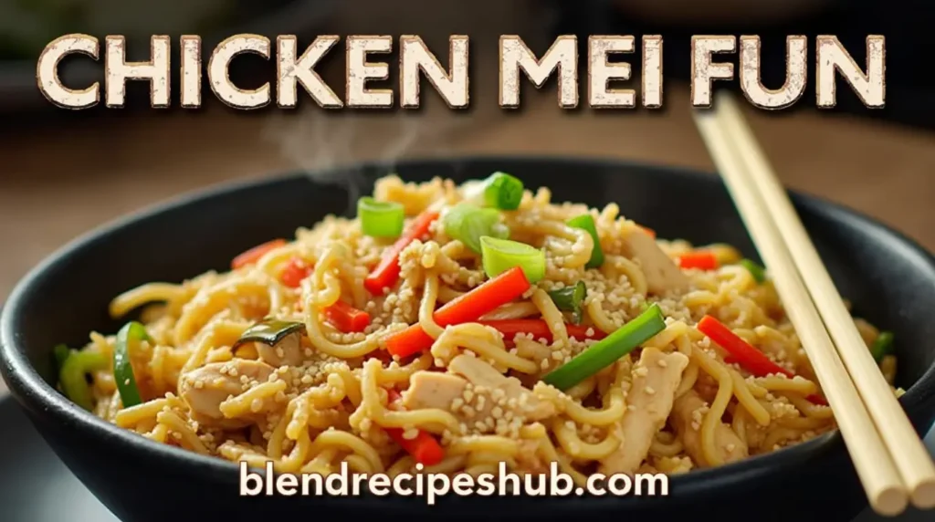 A bowl of Chicken Mei Fun with rice noodles, chicken, and vegetables, garnished with sesame seeds and scallions