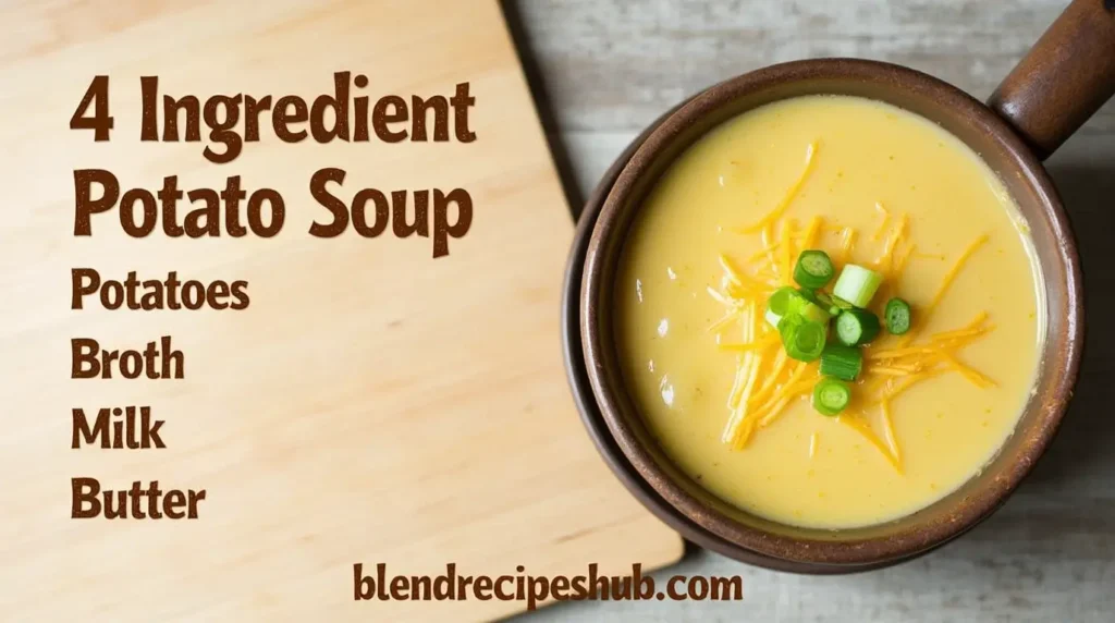 A bowl of creamy 4 Ingredient Potato Soup with green onion garnish, alongside a vertical split design featuring bold rustic text and website branding.