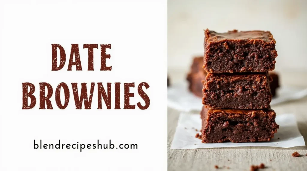 A delicious stack of Date Brownies with a moist, fudgy texture on one side and a clean, rustic recipe section on the other.