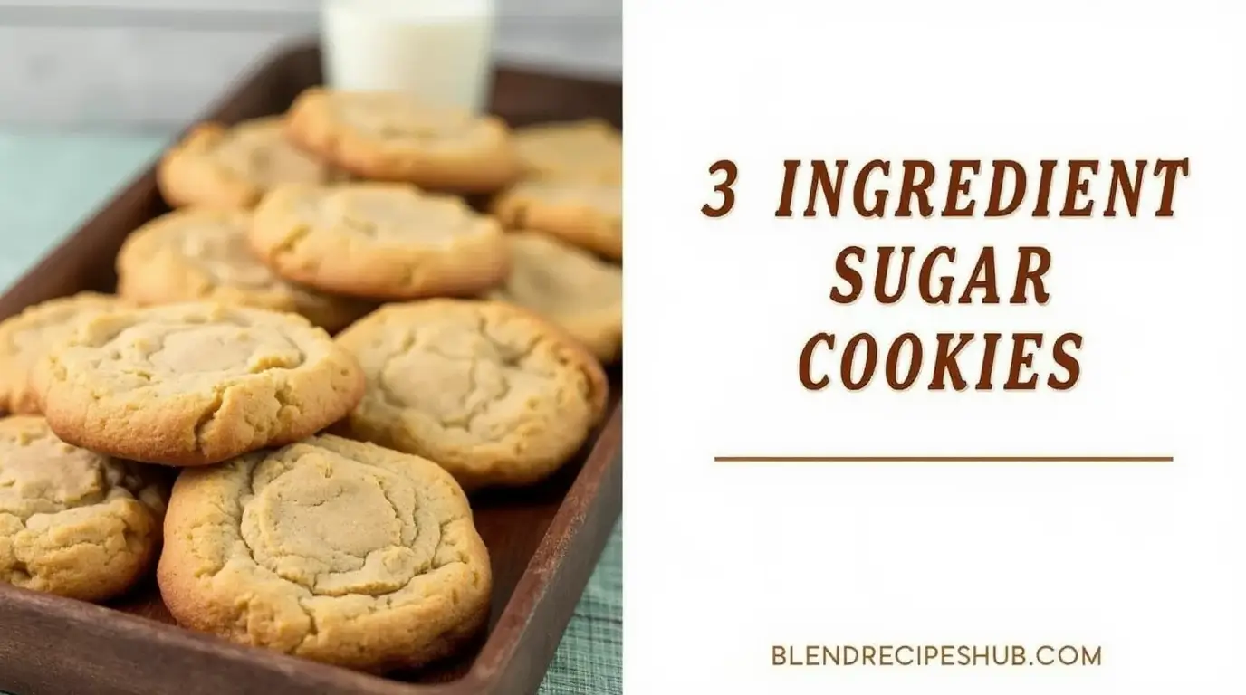 3 Ingredient Sugar Cookies Recipe: Quick, Easy, and Perfect 1 A vertical split-image featuring freshly baked 3 Ingredient Sugar Cookies on a rustic wooden tray, with bold rustic lettering on the right side displaying the recipe title and website name.