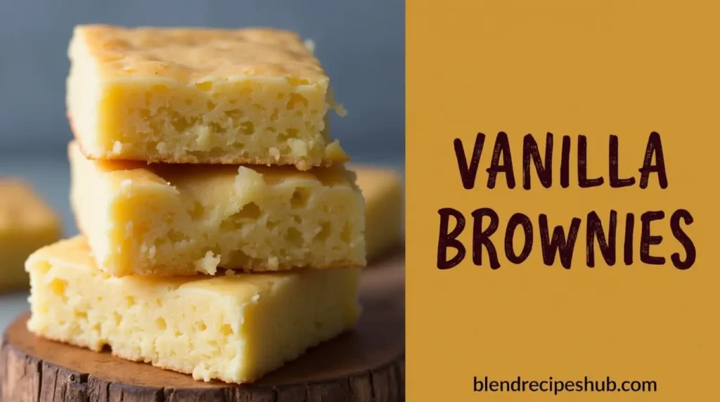 Vanilla brownies recipe with rustic bold text and website name blendrecipeshub.com