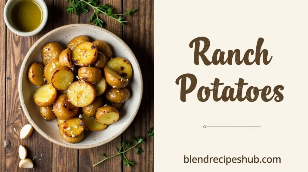 Golden, crispy ranch potatoes on a rustic table setting, divided vertically with the text 'Ranch Potatoes' on one side.