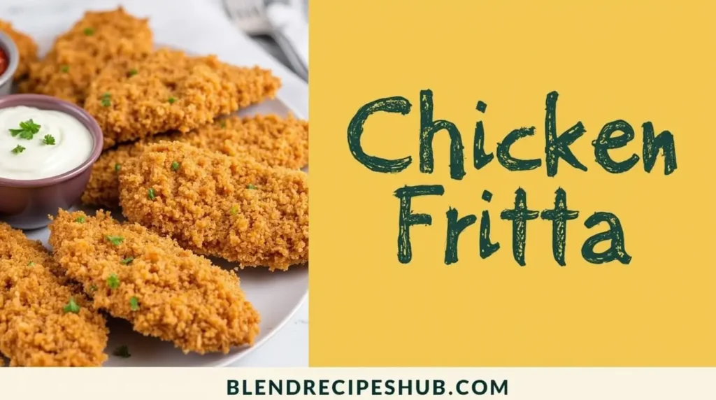 Delicious Chicken Fritta served with dipping sauces, split into two sections with recipe image on one side and bold text on the other